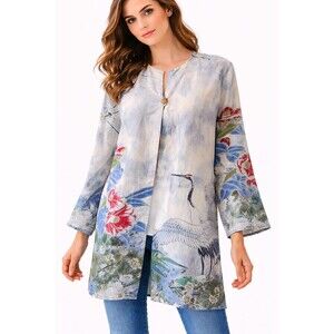 Citron Santa Monica Silk Linen Size L Crane Floral Tunic  Kimono Jacket Artsy